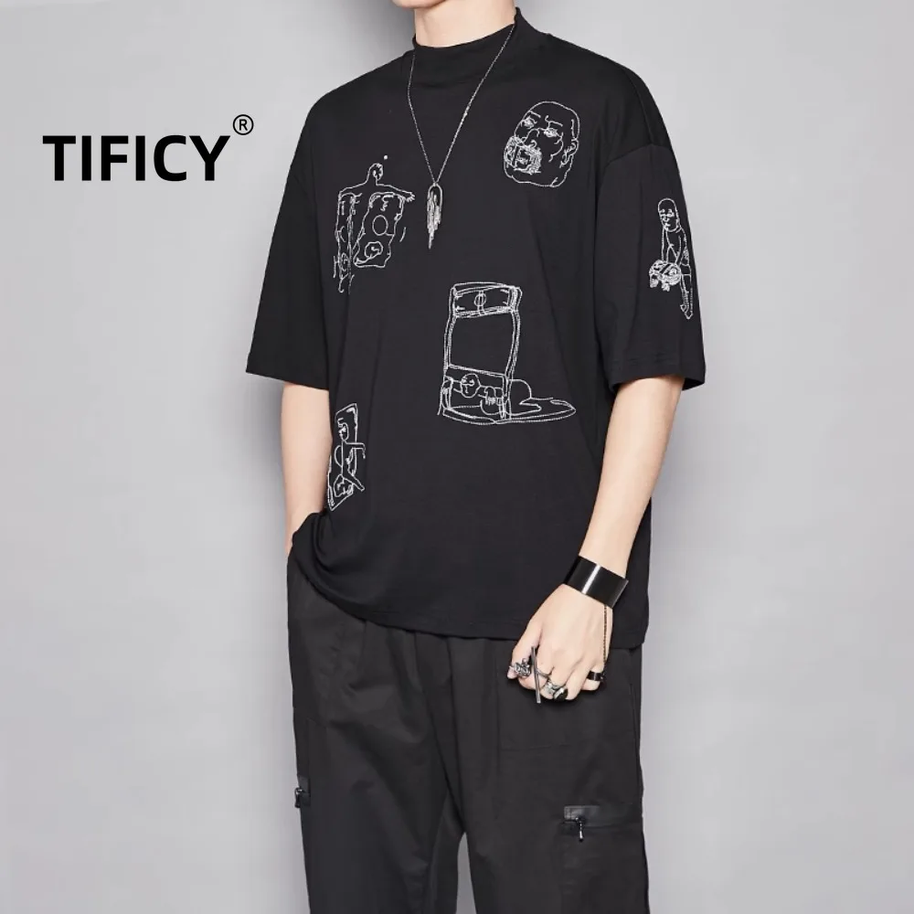 

Original Design High Neck Japanese Embroidered Short Sleeved T-shirt Mens Loose Shoulder and Oversized Five Quarter Sleeve Tees