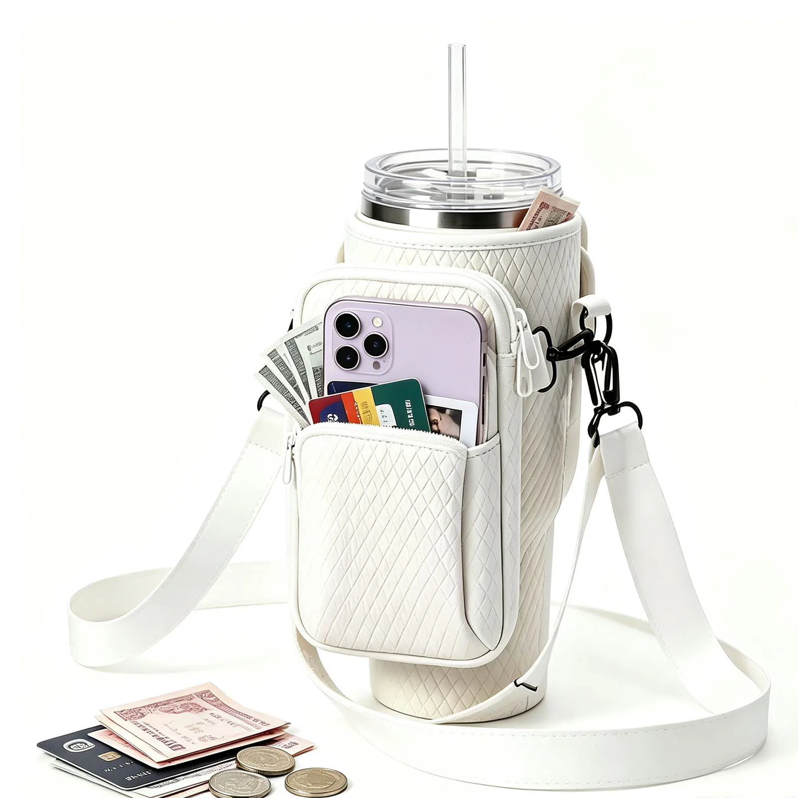 40oz Insulated Water Bottle Sleeve with Adjustable Shoulder Strap & Handy Storage Pocket (Bottle Not Included)