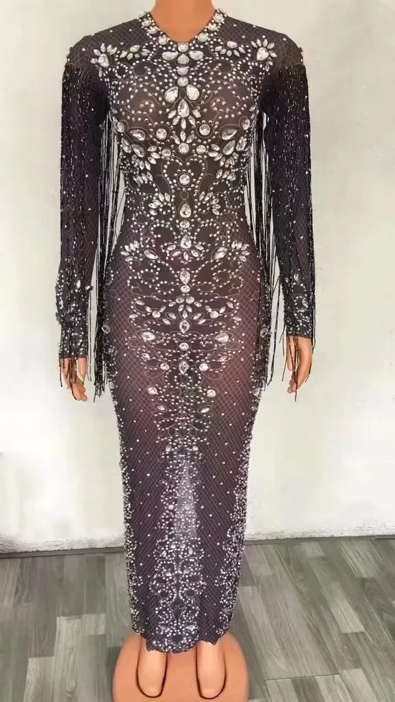 Robe de Soirée en Maille pour Femme, Tenue Citrolongue, Strass, Costume d'Anniversaire, Tenue à Franges