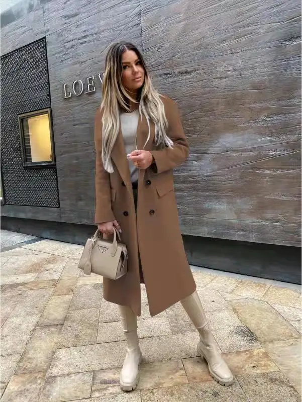 Damen Doppelreihiger Langer Trenchcoat mit Revers Elegante Herbst-Winter-Oberbekleidung – Detail 11