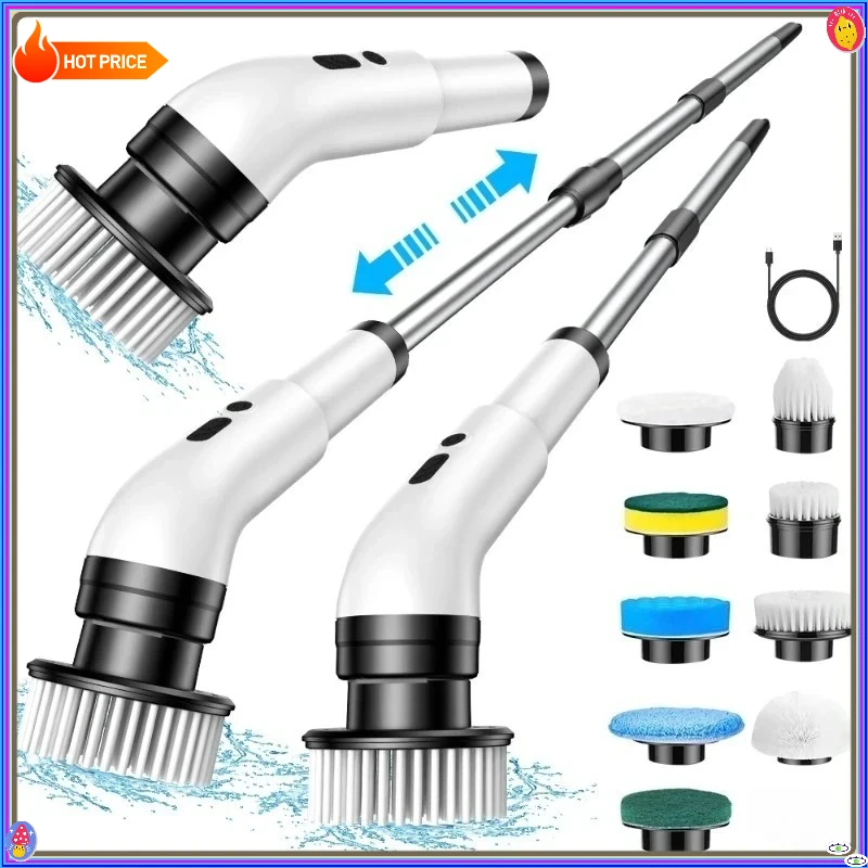 Brosse de nettoyage électrique multifonctionnelle 9 en 1, télescopique, avec têtes de brosse détachables, un outil de nettoyage en profondeur domestique