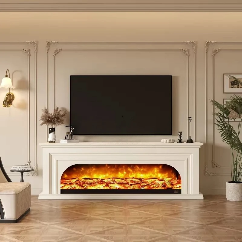 French cream wind fireplace TV cabinet living room background wall retro simulation fire solid wood porch customization