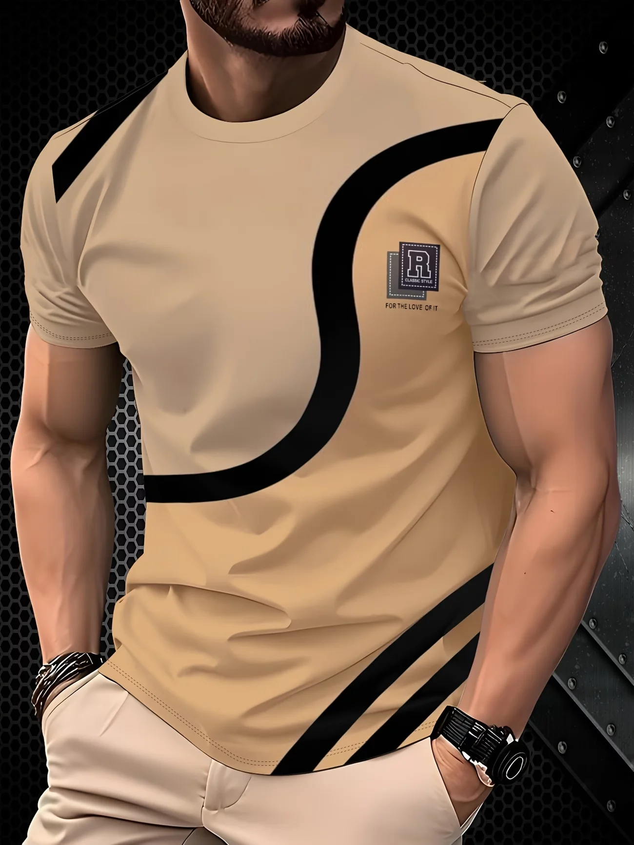Men's Summer T-shirt with Colorful Checks and Stripes, Combined with Simple Logo Urban Family Outfit with Plaid Patterns