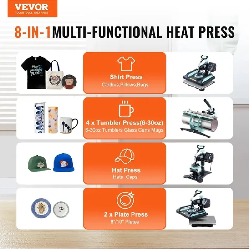 8 in 1 Heat Press Machine 12x15 in 30oz Tumbler Press T-Shirts Black+Green