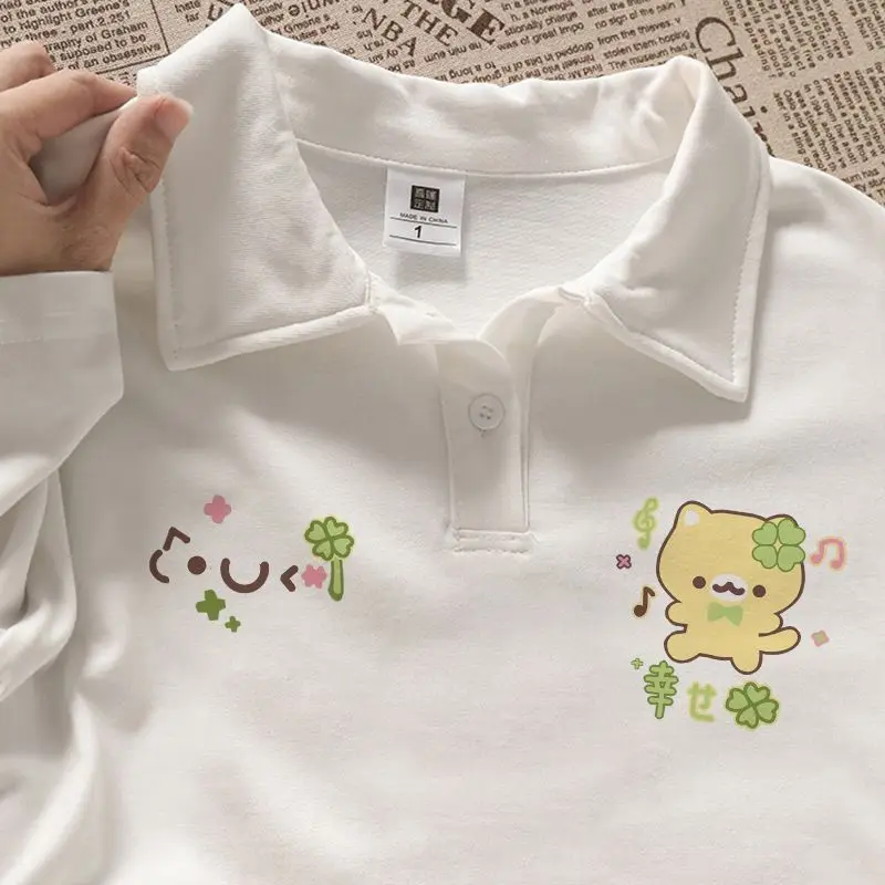 Japanese Sweet Four-leaf Clover Cartoon Cat Short-sleeved Polo Shirt Summer Loose Casual All Match Shirts Women Camisas Mujer