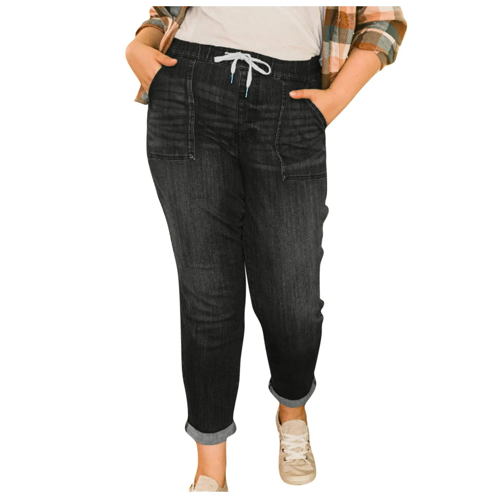 Womens Plus Size Jeans Work Jeans High Waist Slim Denim Pants Sweatpant Jeans Drawstring Elastic Waist Korea Casual Trousers