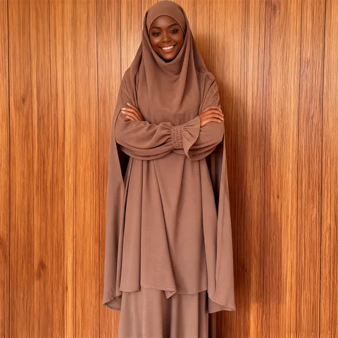 Muslim Women Khimar Long Dress Set 2 Piece Jalabiya Robe Dubai Abaya Full Cover Prayer Garment Eid Djellaba Ramadan Kaftan Burka