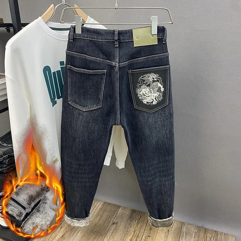 Thick and flannel denim jeans for men in winter 2025, fashionable and trendy, slim fit, elastic and warm denim pants