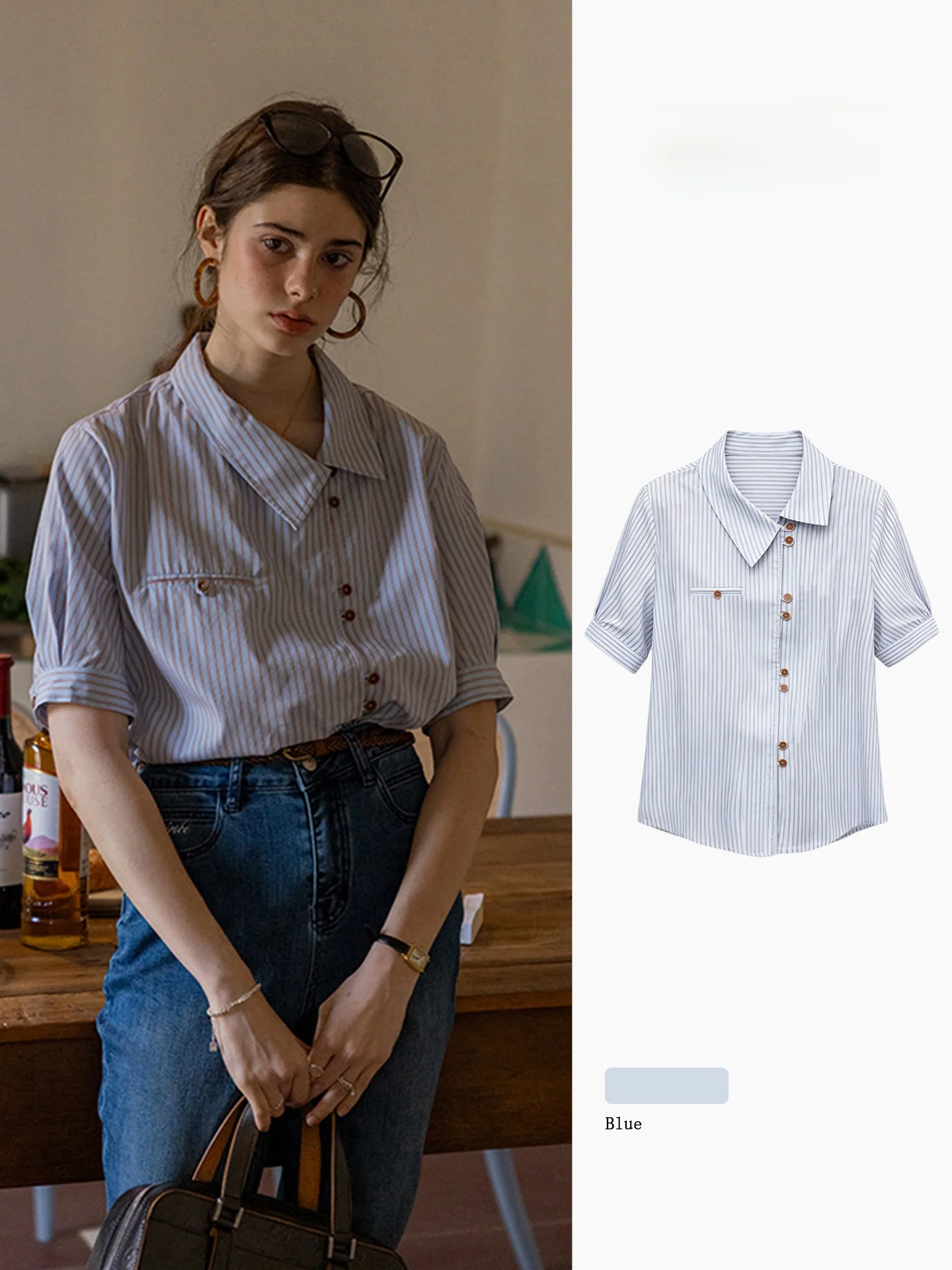 

Ladies' Commute Style Short Sleeve Striped Shirt Loose Fit Collar Button down Korean Version Polyester Fiber Casual Top