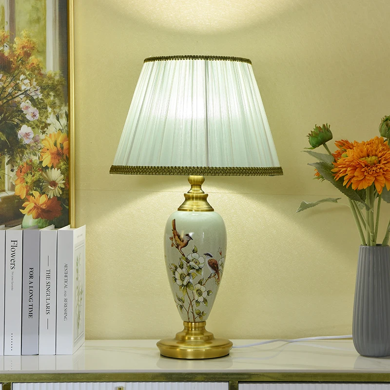 New Chinese Style Retro Flower and Bird Ceramic Table Lamp For Living Room Bedroom Study Room Bedside Lamp Home Decor Button