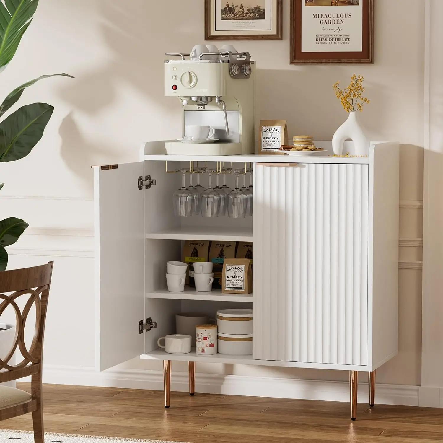 

Coffee Bar Cabinet Wine Rack Glass Holder Sideboard Buffet Storage Fluted Doors Living Dining White, Customized