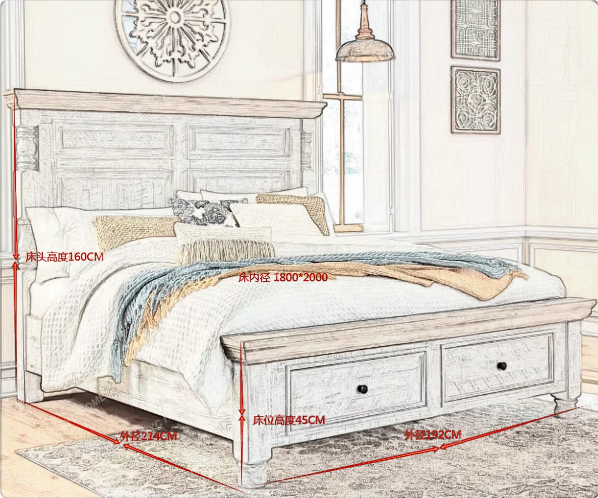 Solid wood bed carved 1.8 meters double bed old bedroom princess bed