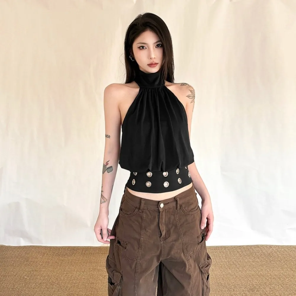SylCue Metal Rings Hollow Design Tank Tops Woman Summer Trend Halter Turtleneck Backless Hot Girl High Street Elegant Style Tops