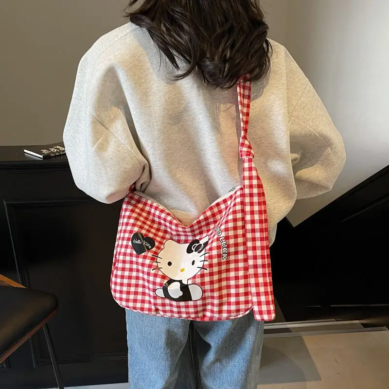 

Sanrio Hello Kitty Girl Handbag Summer Student High-Capacity Commute Kawaii New Birthday Present Single Shoulder Grid Canvas Bag