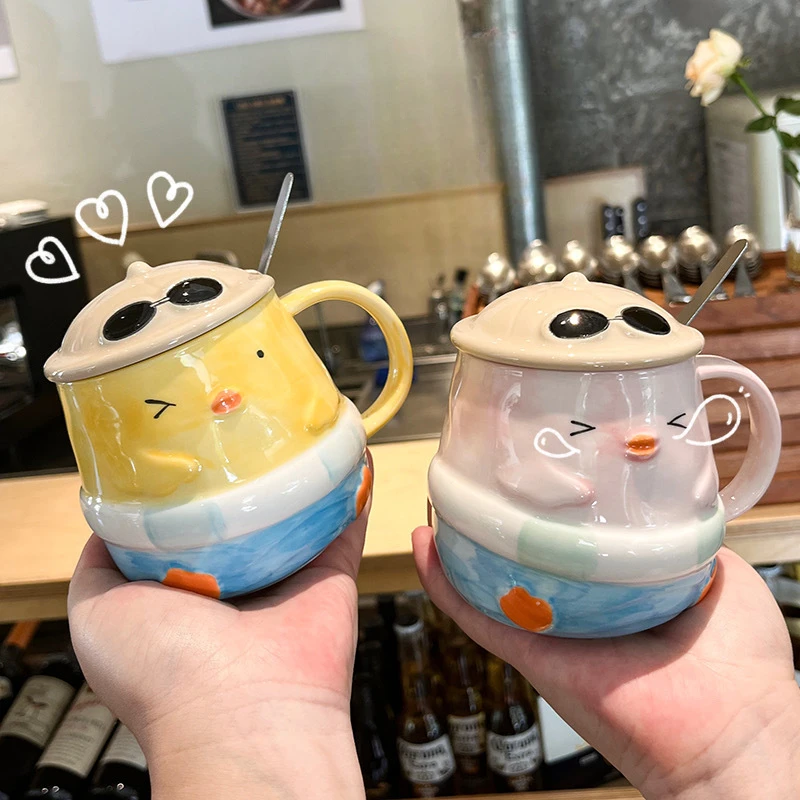 Japanese Cartoon Duckling Ceramic Mug Cute Household Breakfast Mugs Office Coffee Cup with Lid Couple Water Cups Drinkwar