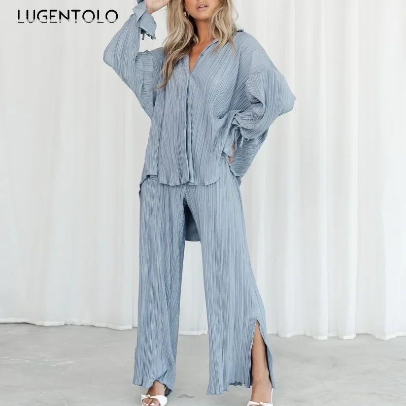 Women Pleated 2-piece Set Bright Color Princess Sleeve Roll-neck Shirt Slit Wide-leg Pants High Street Party Trendy Attire