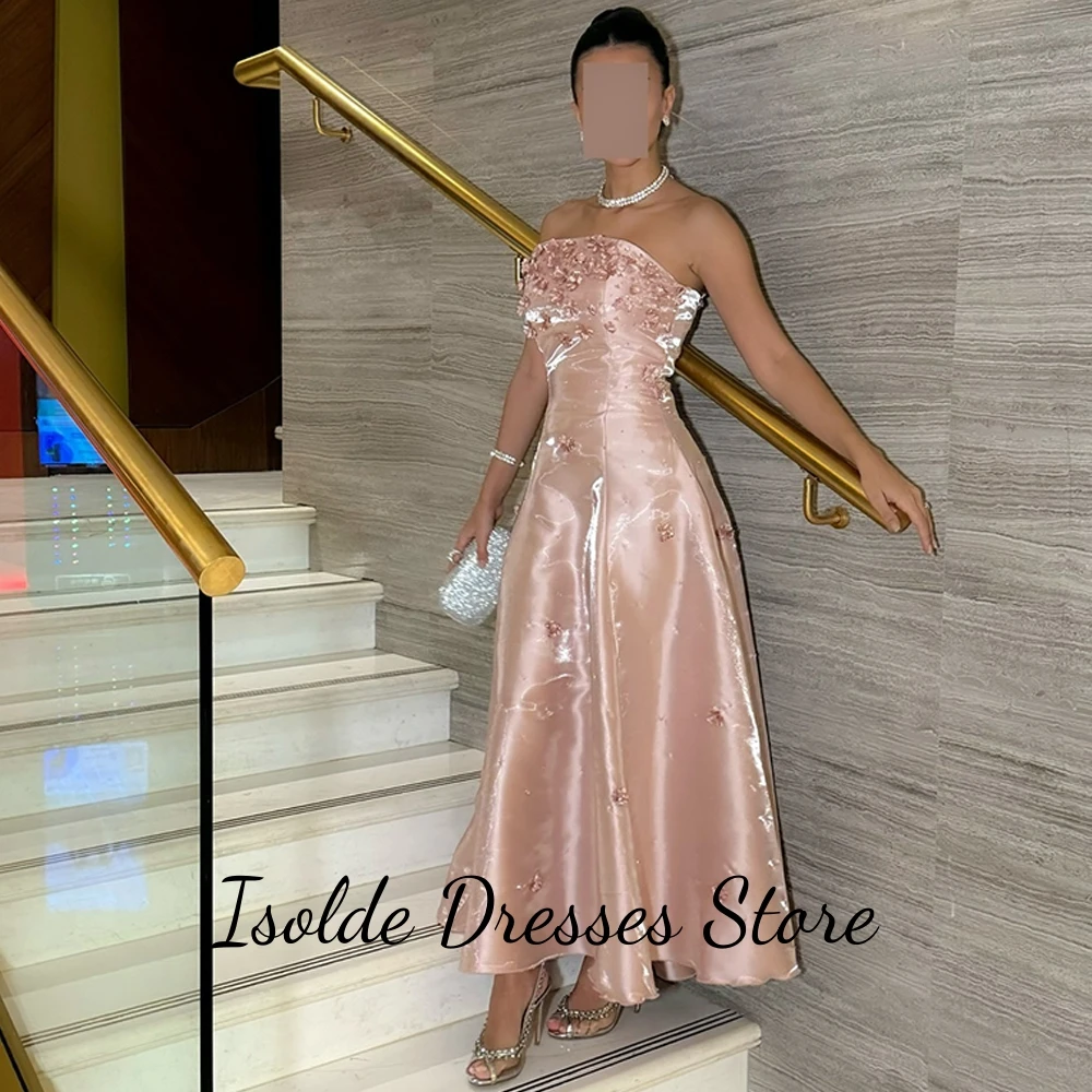 Sparkly Pink Satin Evening Dress Customized Strapless Sleeveless Homecoming Dresses Charming Flowers Zipper Back Celebrity Gowns