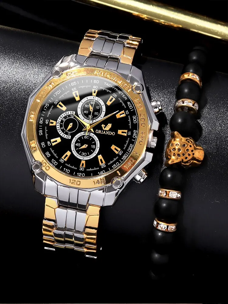 2PCs Men\'s Fashion Business Big Dial Steel Band Quartz Watch+Lion Ball String Bracelet Set