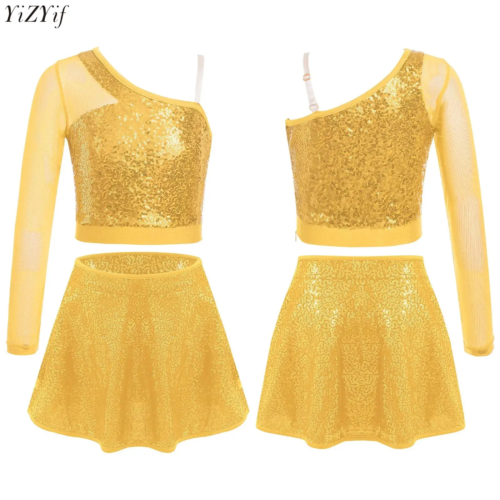 

2Pcs Kids Girls Jazz Latin Dance Dress Streetwear One Shoulder Shiny Sequins Sheer Mesh Crop Top+Skirt for Performance Costume