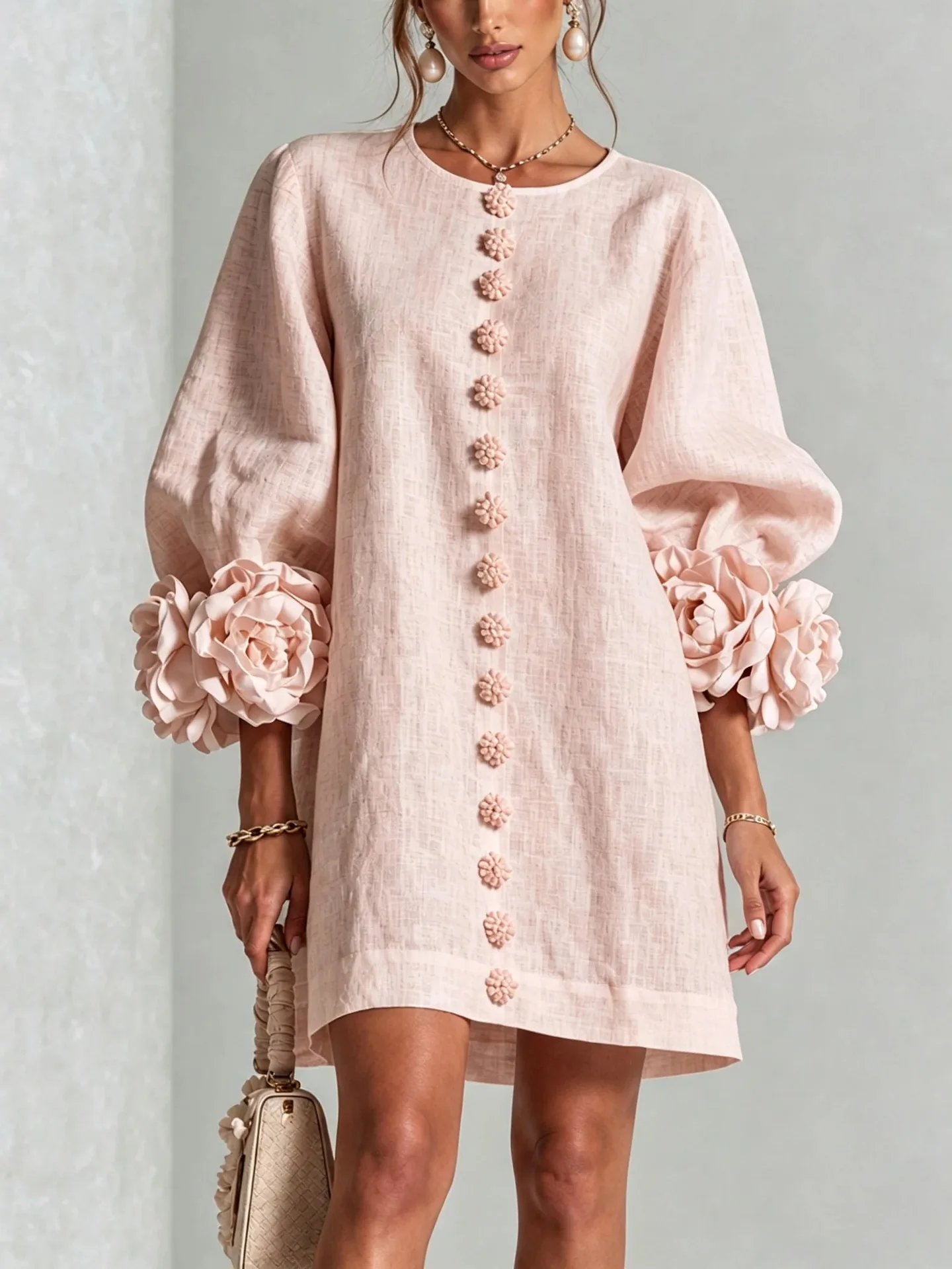 High‑quality Women Loose Short Tunic Dress 3D Stereo Big Flower Cuff Lantern Long Sleeve Button Front Dress Casual Daily Wear