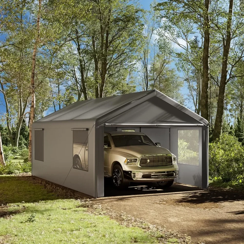 

12'x20' Carport Garage with Roll-up Ventilated Windows, Removable Sidewalls & Doors, All-Season Tarp, Heavy Duty Carport Garage