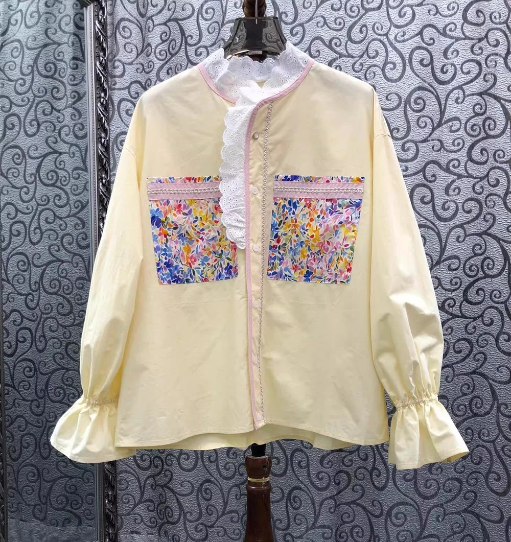 

Рубашки из 100% хлопка, весна 2026, модные женские рубашки с ярким цветочным принтом, белой кружевной вышивкой, пэчворком и расклешенными рукавами, свободного кроя