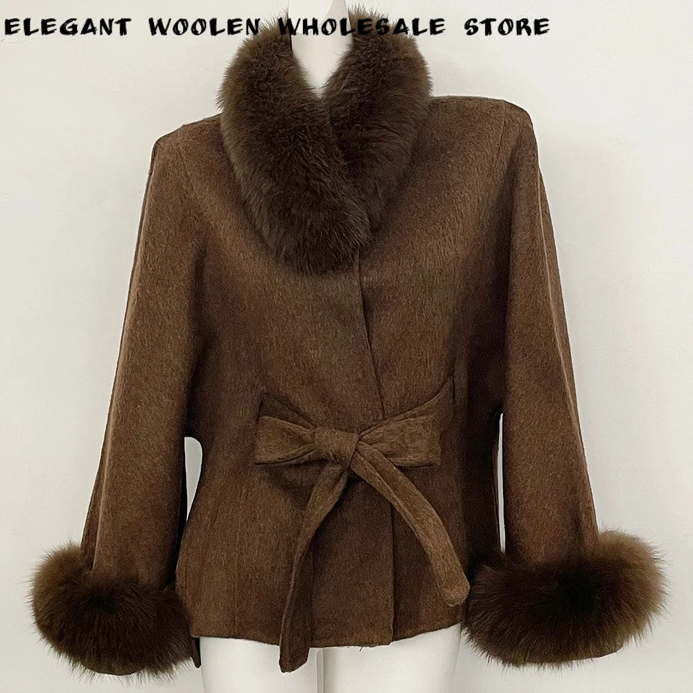 Women Longline Wool Coat Woolen Outerwear Premium Fabric Belted Minimalist Business Casual Cold Season Fur Trim Fur Collar