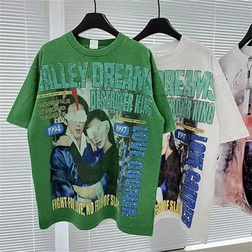 Hot Drill Letter VALLEY-Camiseta de gran tamaño para hombre, camiseta americana Vintage verde de algodón puro, mangas cortas para mujer