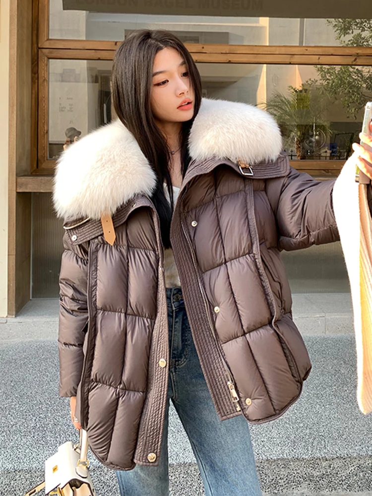 

New Fashion Winter Goose Down Jacket Natural Fox Fur Collar Coats Women Parka Puffer Jackets Outwear Female Luxury Coats