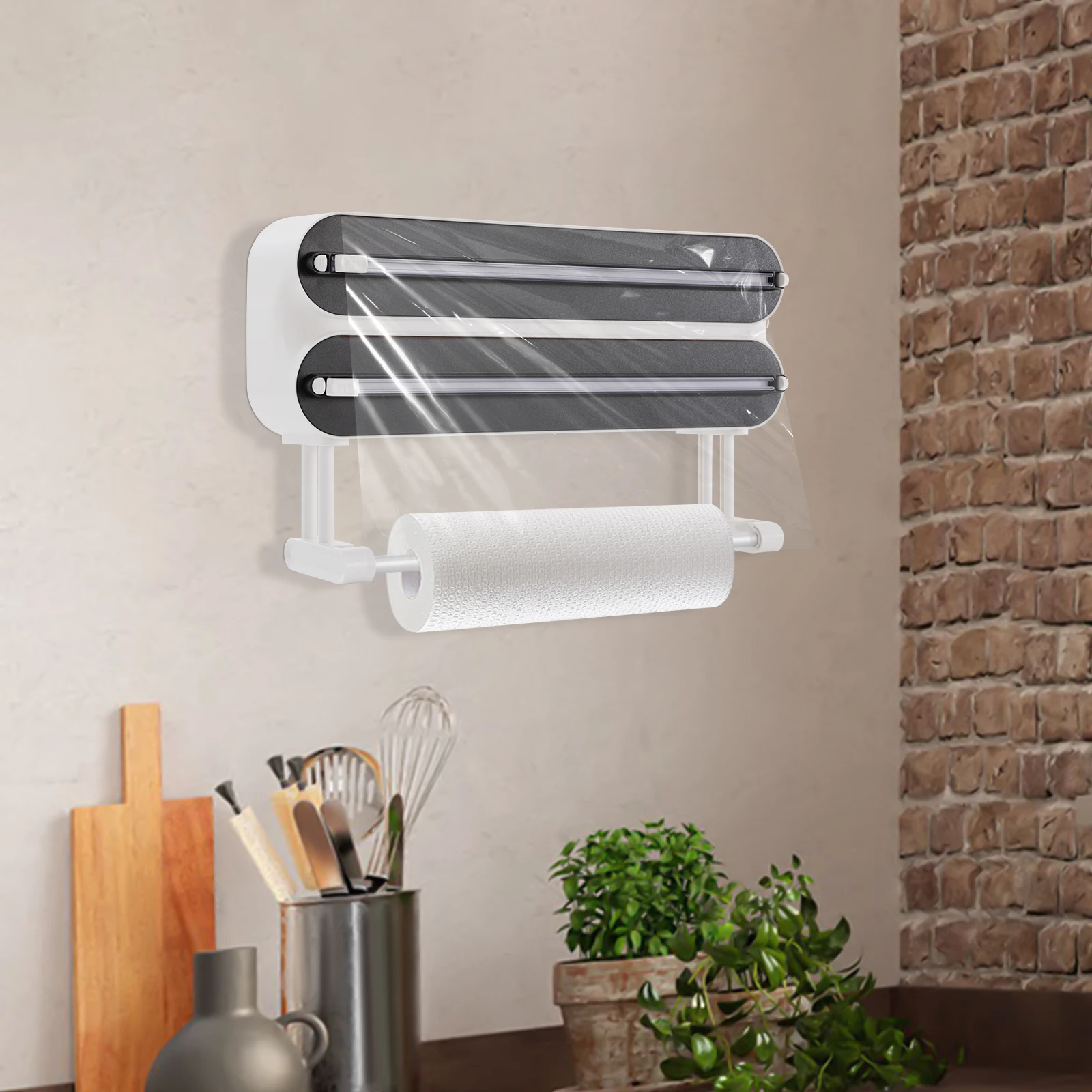 Wandmontierter Frischhaltefolien-Spender mit 2 Haken, 3-in-1 Wandrollenhalter für die Küche, Aluminiumfolien-Spender (ohne Frischhaltefolie) – Detail 8
