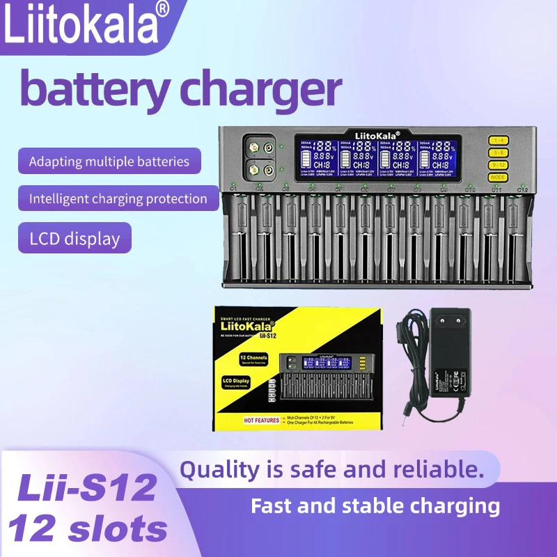 

LiitoKala Lii-S12 LCD Battery Tester charger for 21700 18650 3.7V Li-ion 3.2V LiFePO4 1.2V NiMH/Cd 26650 32700 14500 wit