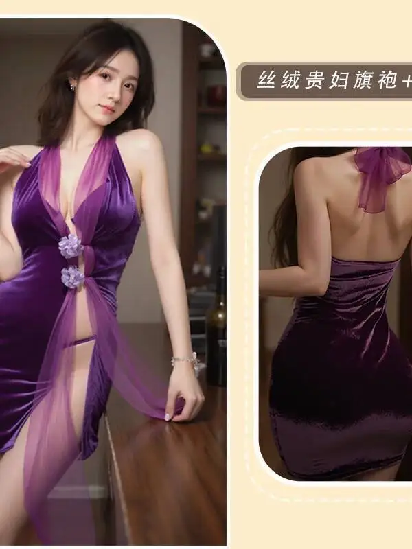 Sexy Pure Desire Sexy Backless Uniform Small Chest Purple Cheongsam Dress Elegant Purple Sweet Mini Dress 2025 New Sweet 85IE