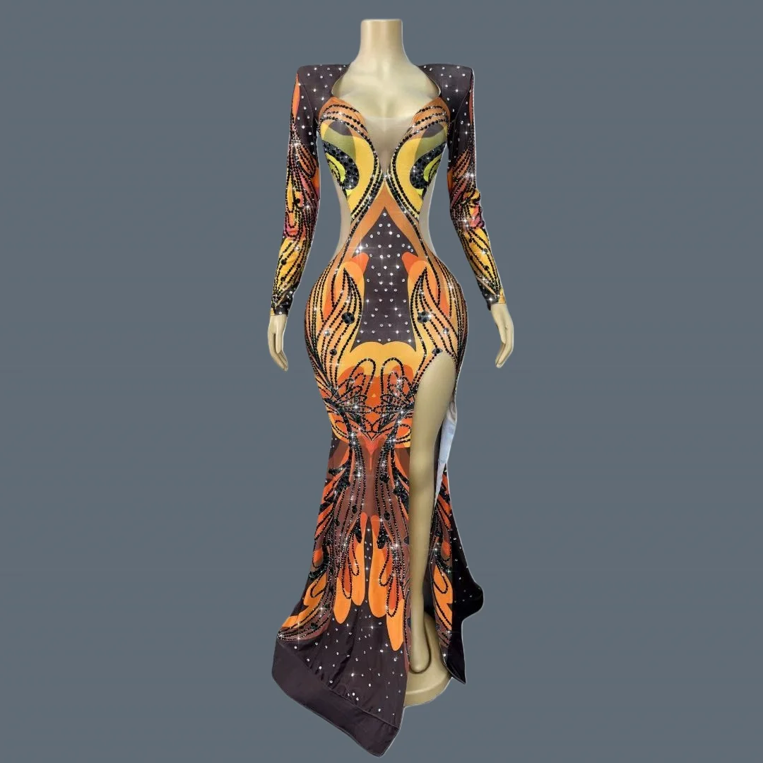 

Festival Celebrate Birthday Prom Photo Shoot Wear Spandex Printing Evening Gown Rhinestone High Side Slits Long Dress Fengweihua