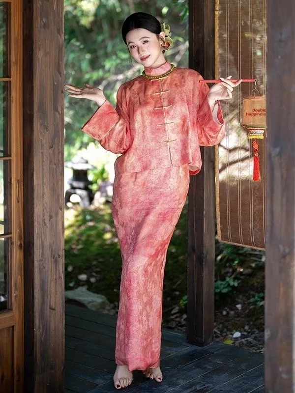 

New Chinese Sle Engagement Wedding Dr Long Sve Breathable Evening Gown Fi Tail Bridal Robe Drinking Ceremony