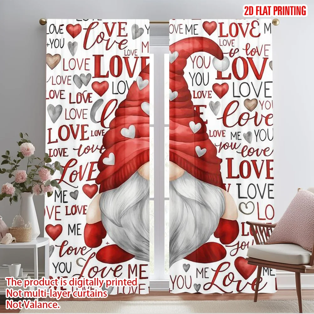 2pcs,2D plane printing Pattern Curtains Gnome of Love Versatile Polyester Fabric (without rod) Versatile All Use for Bedroom,