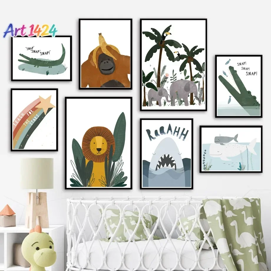 Lion Elephant Crocodile Shark Tropical Plants Nursery Wall Art Print Canvas Painting Nordic Poster Wall Pictures Kids Room De