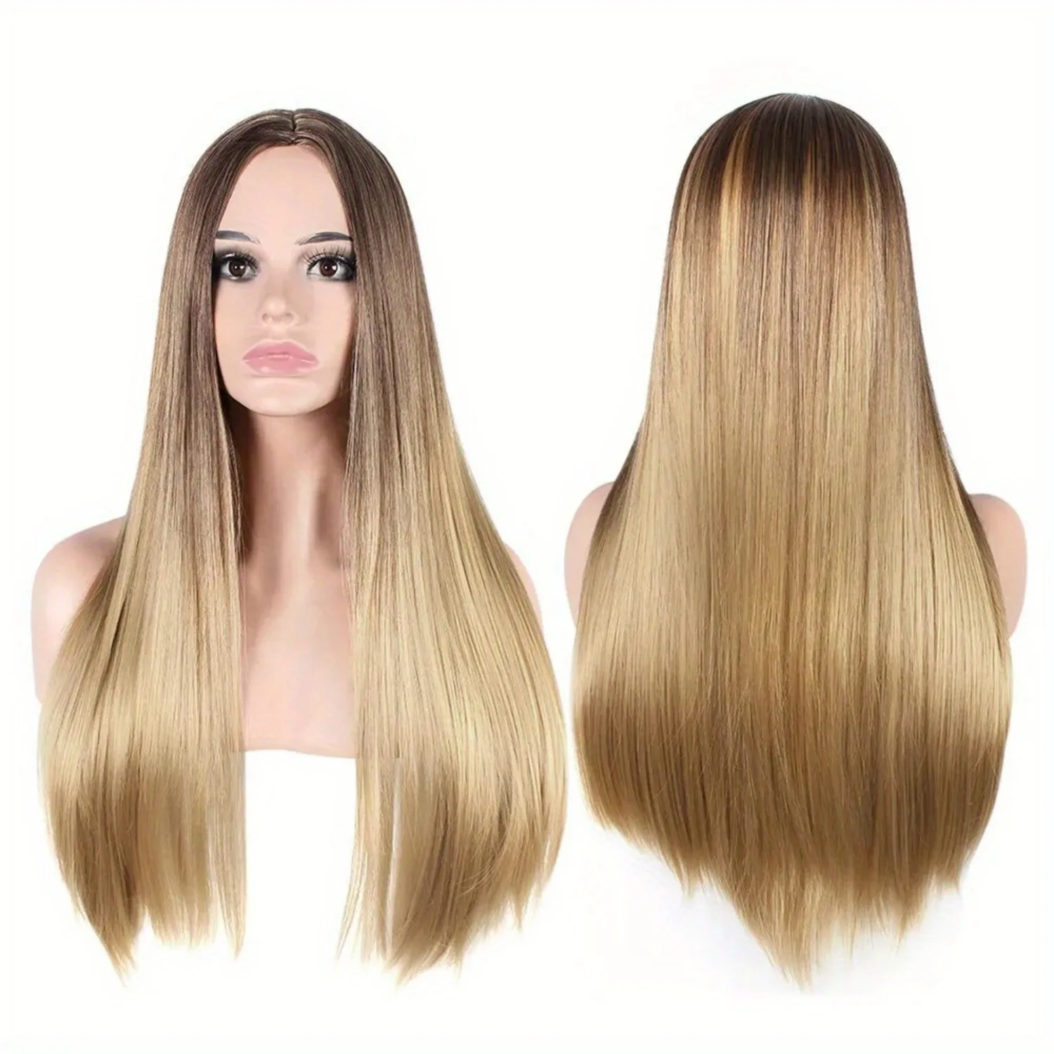 WIGS Women\'s Basic Straight Long Wig - High-Temperature Fiber, Natural Gradient Gold, Middle Part, High Density 150 Rose Net Cap