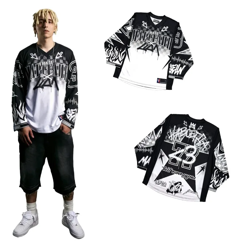 

Y2K New Mesh Loose V Neck Jersey Vintage Oversized Trendy Rock Star Knitted Casual Shirts Gothic Hip Hop Men Women Label T Shirt