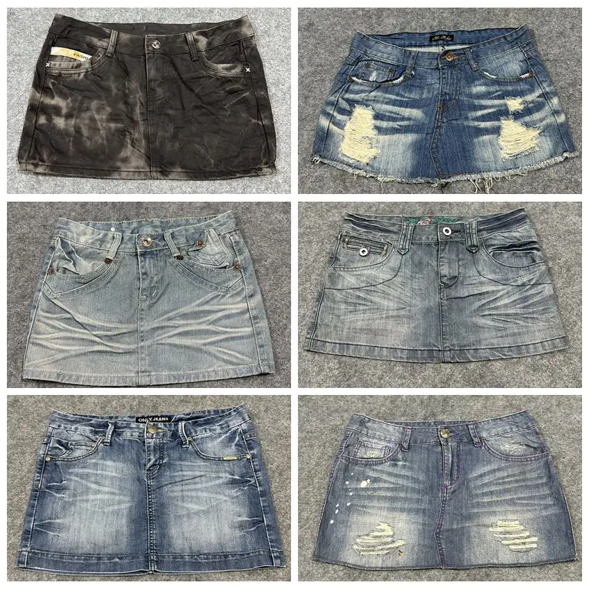 

Джинсовая юбка с низкой талией в стиле Y2K, винтажная, американская, сексуальная, в стиле школьницы, короткая, облегающая, ручной работы, рваная, плиссированная, с элементами пэчворк