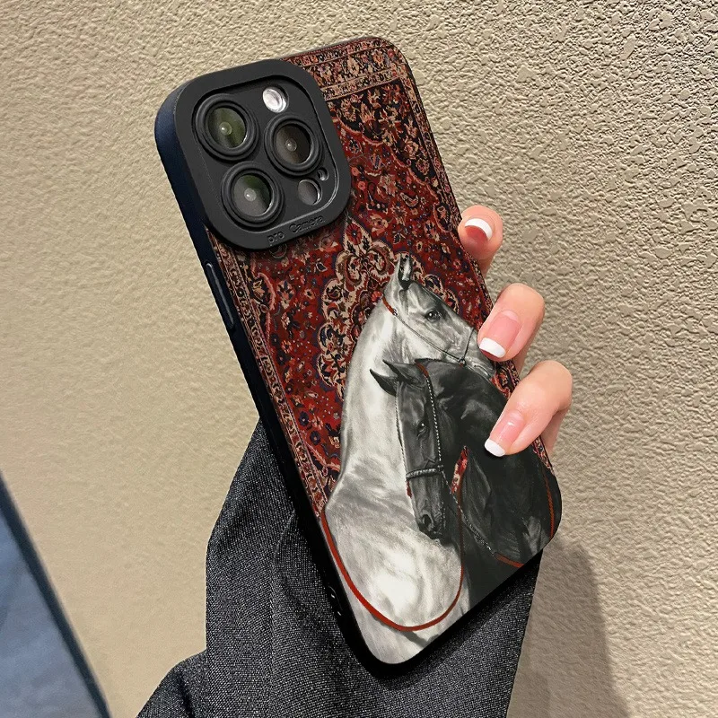 حافظة كلاسيكية بنمط حصان أبيض وأسود لهاتف سامسونج جالاكسي A56 A55 A54 A53 A36 A26 A16 S25 FE S24 Ultra S23 Plus S22 5G #6