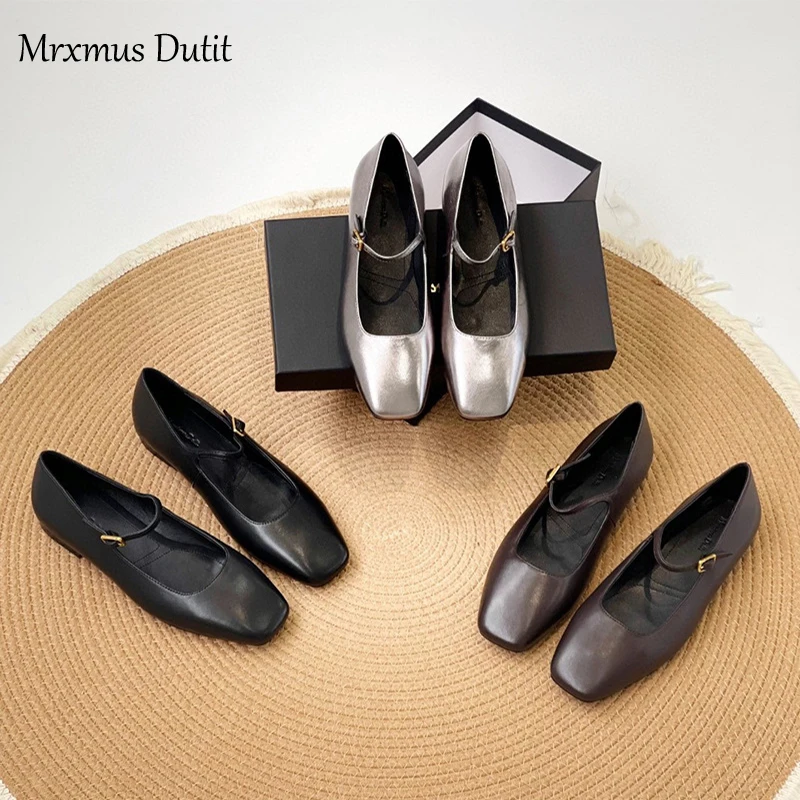 Mrxmus dutit Autumn New 2024 Women Round Head Solid Genuine Leather Flat Shoes Vintage Versatile Mary Jane Shoes Female Chic