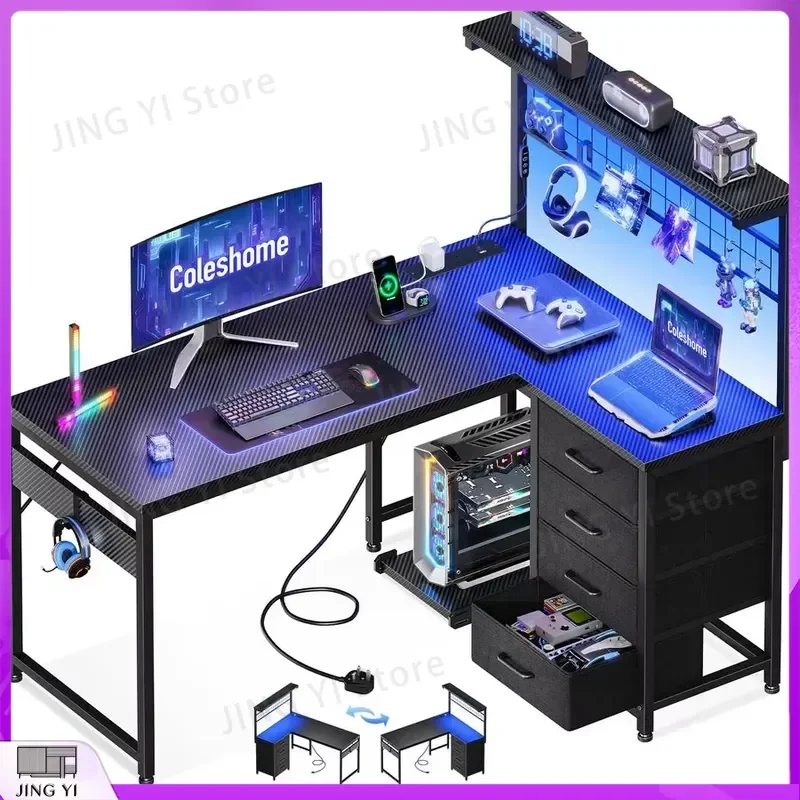 L Shaped Gaming Desk 110x80 cm Reversible Corner Computer Desk with Drawers Shelf LED Lights Power Outlets USB Ports for PC