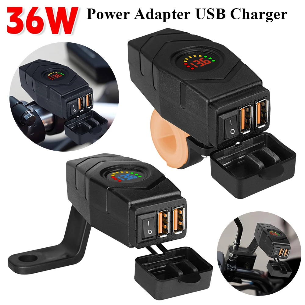 

36W Fast Charging Adapter with Switch Dual USB QC3.0 E-bike Handlebar USB Charger Waterproof Cover 12V-24V Motorbike Electronics