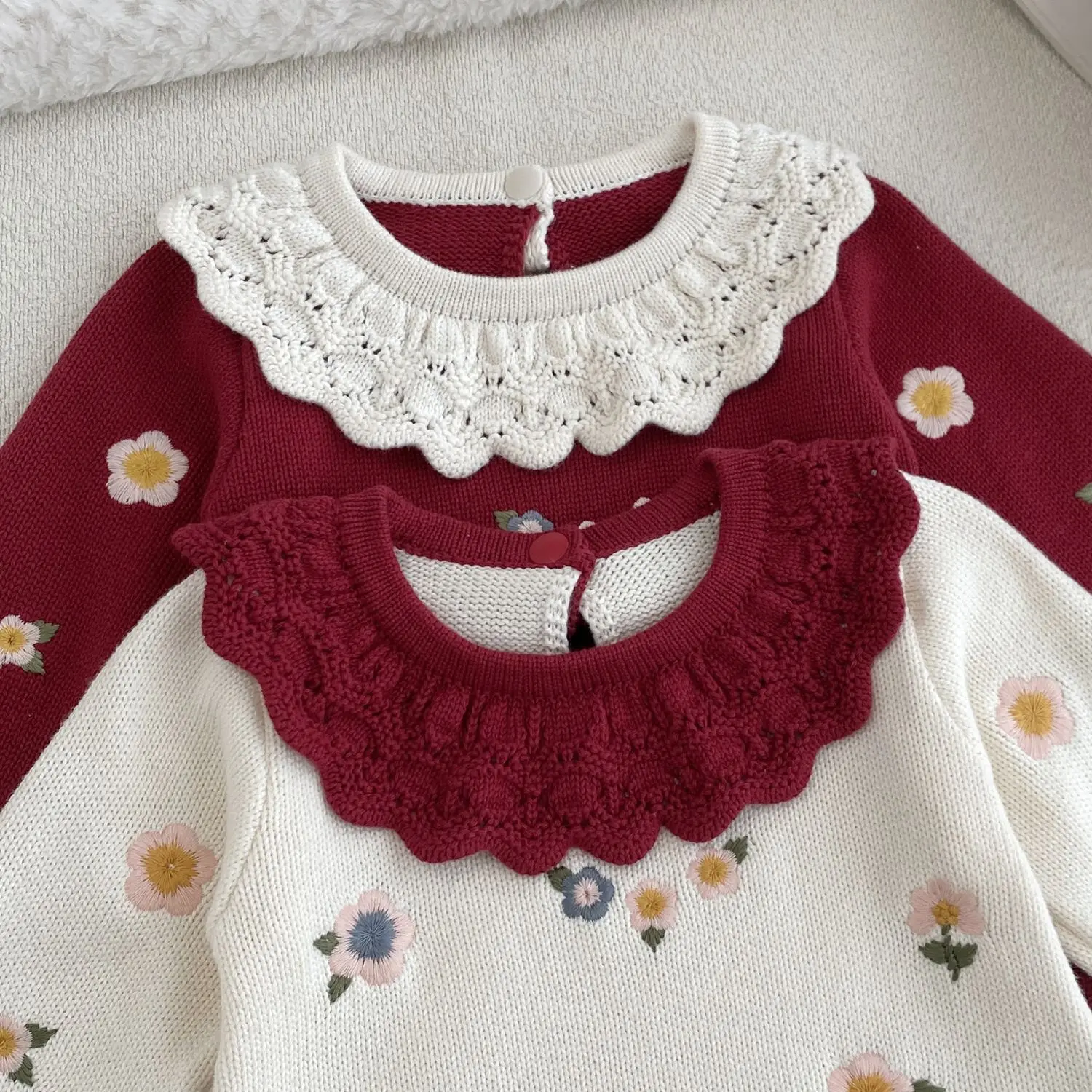 0-24M 100% Cotton Flower Newborn Baby Girl Knit Romper Winter Sweater Thick Warm Clothes Long Sleeve Floral Bodysuit