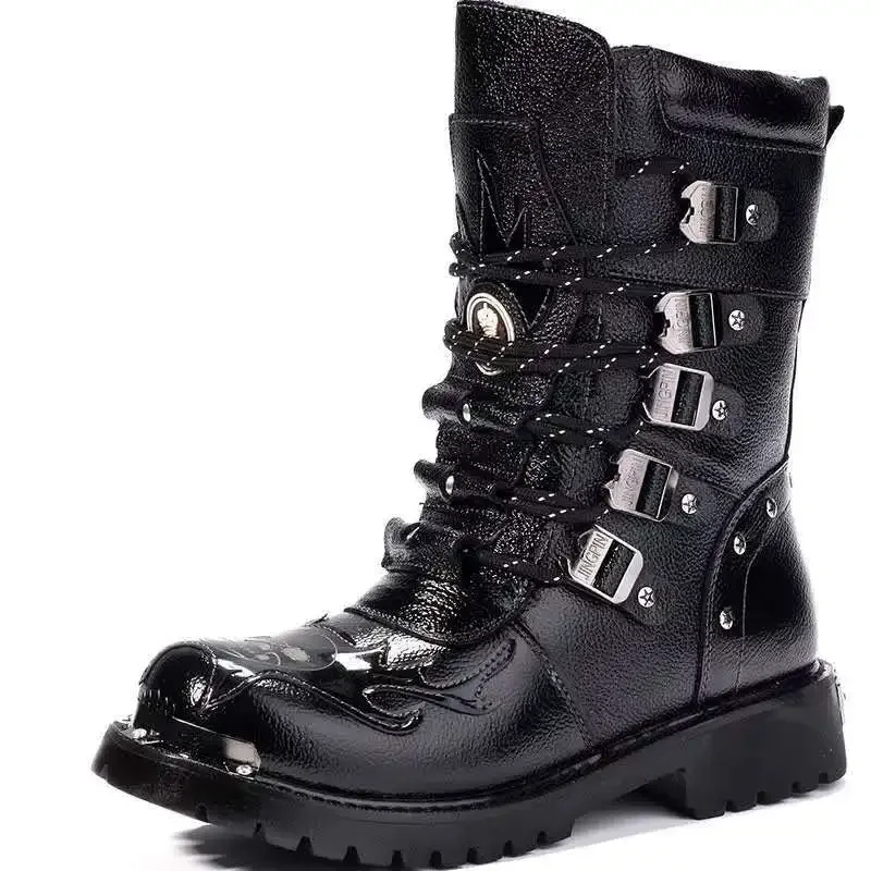 

Pop Men Motorcycle Boots Fashion Mid-Calf Punk Rock Punk PU Leather Black High Top Mens Casual Boot Steel Toe Shoes Big Size 38-