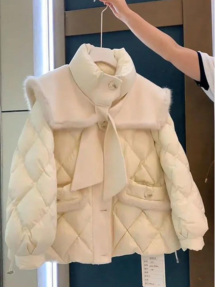 New Short 2023 Autumn Winter Women Cotton Padded Jacket Chic Warm Fashion Sailor collar Coat Diamond Thick Solid Chic Parkas