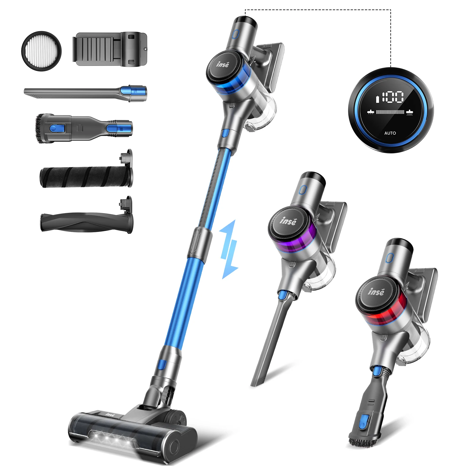 INSE Cordless Vacuum Cleaner, 30Kpa 400W with LED Display, 4 Suction Modes, Smart Adjustment Handheld Vac for Carpet Hard Floor