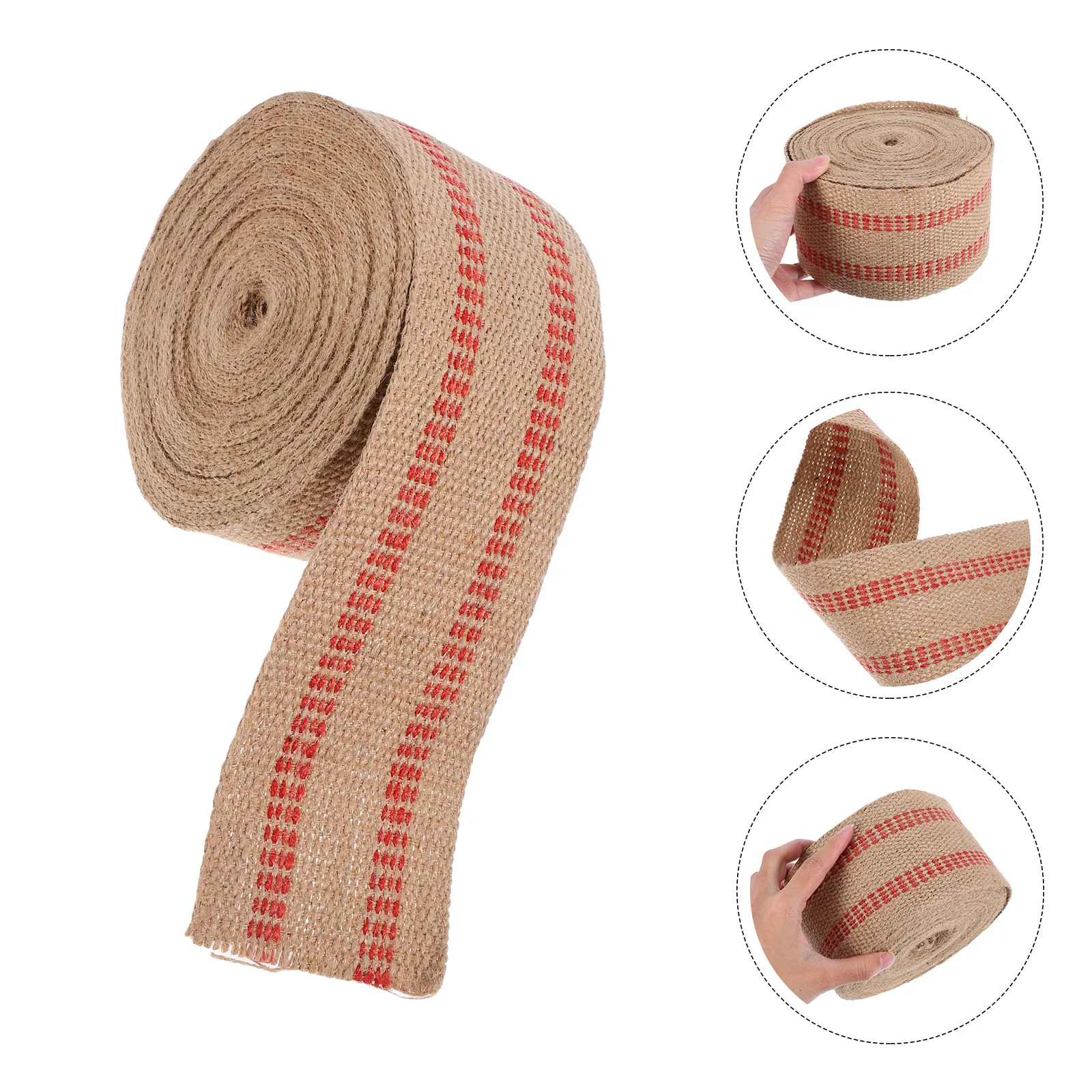 1 rollo de correas de yute a rayas rojas de 10M, fibra Natural para reparación de sillas, manualidades Diy, decoración del hogar, embalaje, uso en jardín, cinta de correas artesanales