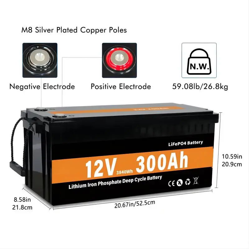 แพ็คแบตเตอรี่ LiFePO4 12V 300Ah 200Ah 100Ah เซลล์ลิเธียมเหล็กฟอสเฟตในตัวสำหรับระบบพลังงานแสงอาทิตย์ RV เรือบ้าน