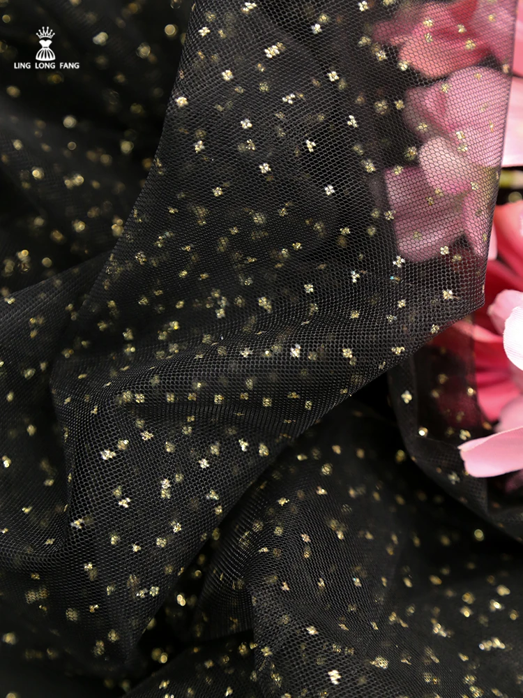 Black Hot Gold Dot Mesh Fabric Transparent Lace Gold Sprinkling Dress Sewing Accessories Handmade DIY Clothing Designer Fabric